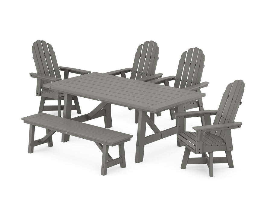 POLYWOOD Vineyard Curveback Adirondack Swivel Chair 6-Piece Rustic Farmhouse Dining Set With Bench in Slate Grey