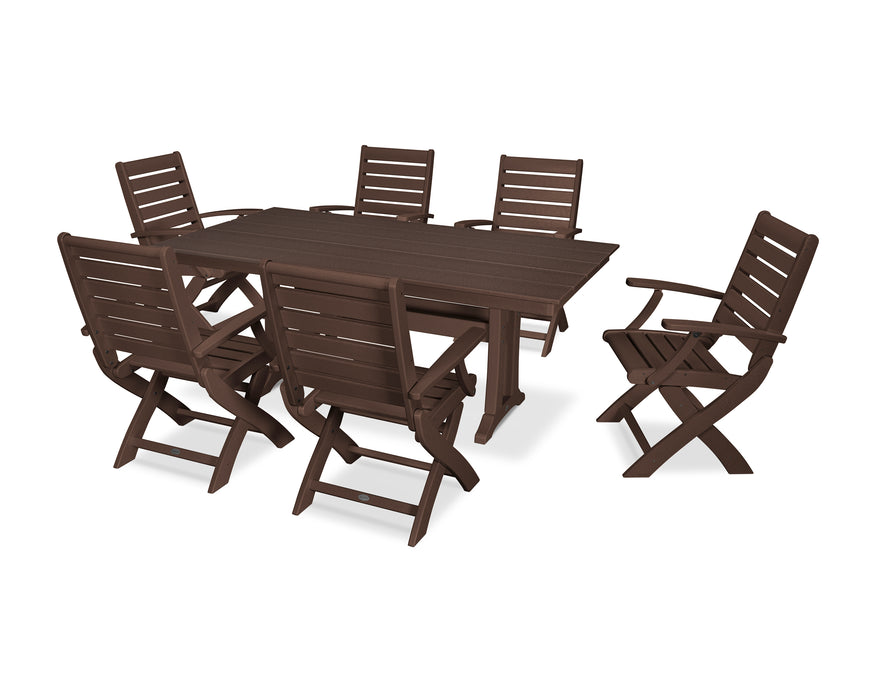 POLYWOOD Signature Folding Chair 7-Piece Farmhouse Dining Set with Trestle Legs in Mahogany