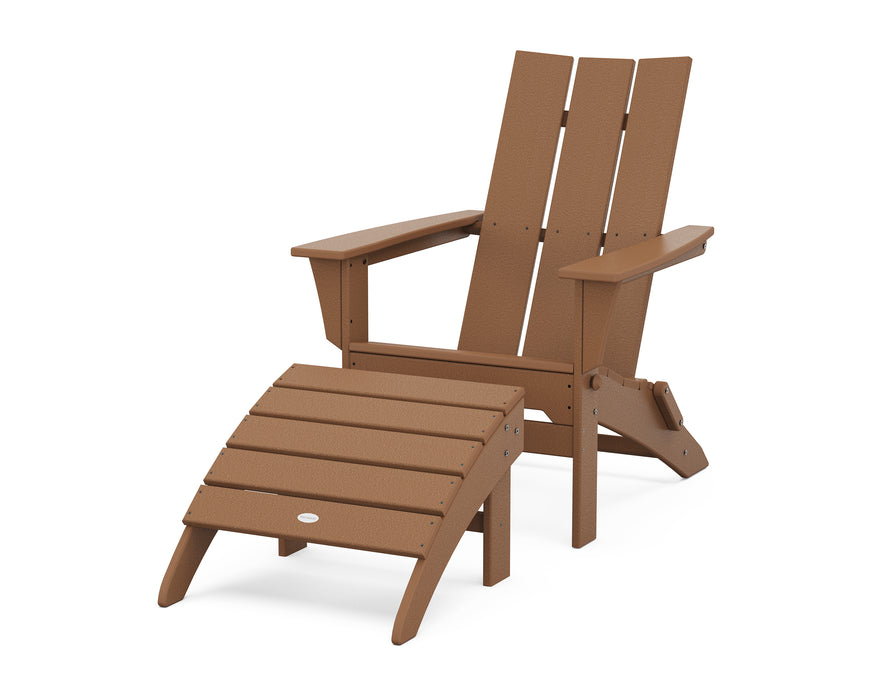 POLYWOOD Modern Folding Adirondack Chair 2-Piece Set with Ottoman in Teak