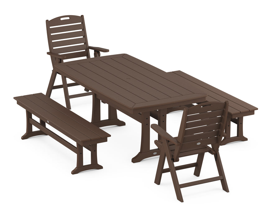 POLYWOOD Nautical Highback Chair 5-Piece Dining Set with Trestle Legs and Benches in Mahogany