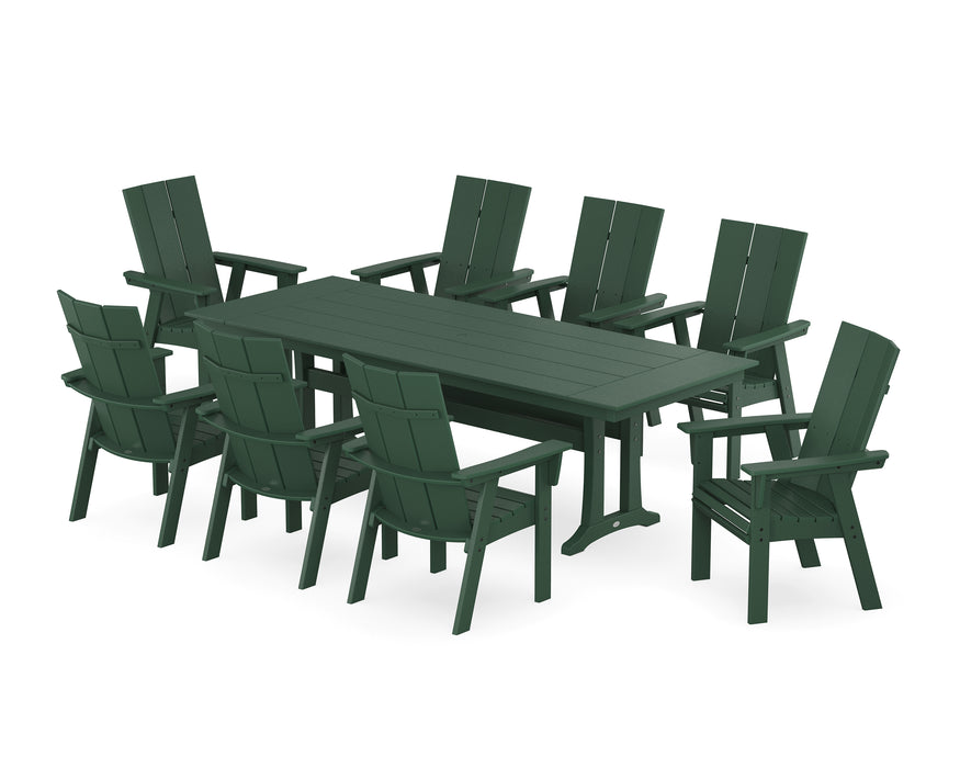 POLYWOOD Modern Curveback Adirondack 9-Piece Farmhouse Dining Set with Trestle Legs in Green image