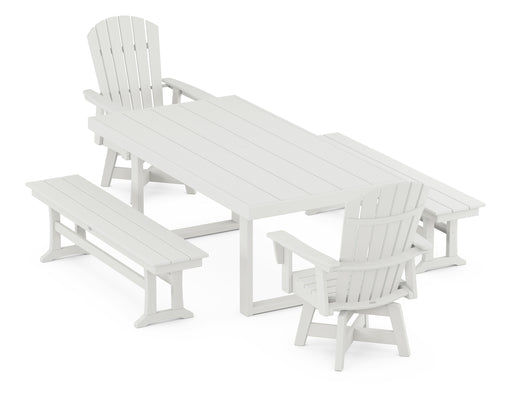 POLYWOOD Nautical Curveback Adirondack Swivel Chair 5-Piece Dining Set with Benches in Vintage White image