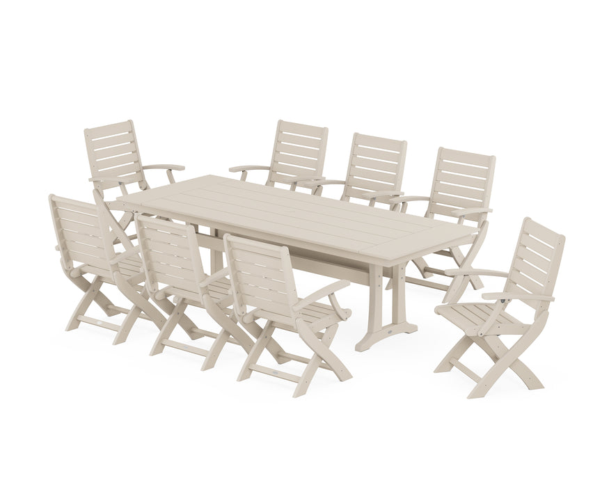 POLYWOOD Signature Folding 9-Piece Farmhouse Trestle Dining Set with Trestle Legs in Sand image