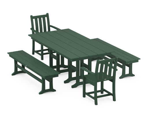 POLYWOOD Traditional Garden 5-Piece Farmhouse Dining Set with Benches in Green image