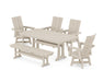 POLYWOOD Modern Curveback Adirondack Swivel Chair 6-Piece Dining Set with Trestle Legs and Bench in Sand image