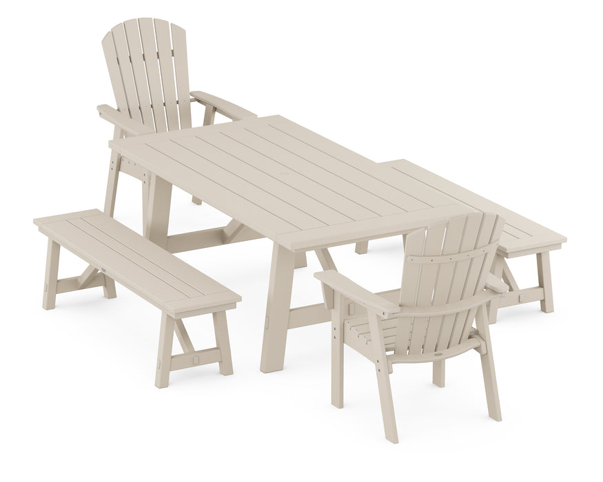 POLYWOOD Nautical Curveback Adirondack 5-Piece Rustic Farmhouse Dining Set With Benches in Sand image