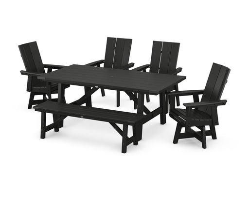 POLYWOOD Modern Curveback Adirondack Swivel Chair 6-Piece Rustic Farmhouse Dining Set with Bench in Black image