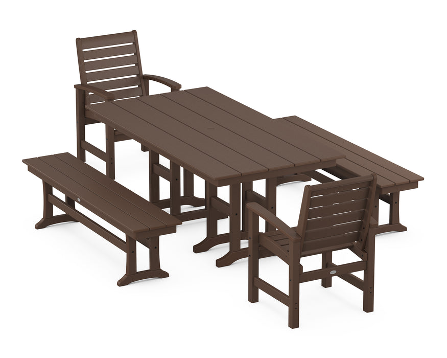 POLYWOOD Signature 5-Piece Farmhouse Dining Set with Benches in Mahogany image