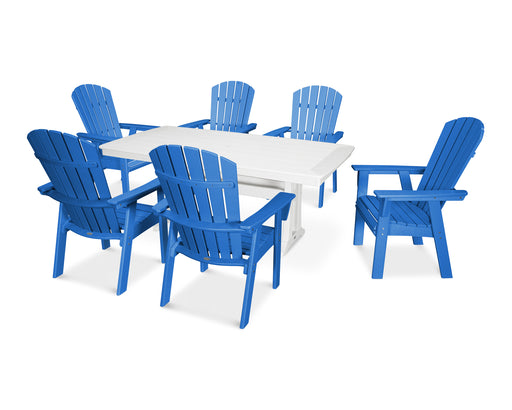 POLYWOOD Nautical Curveback Adirondack 7-Piece Dining Set with Trestle Legs in Pacific Blue / White image