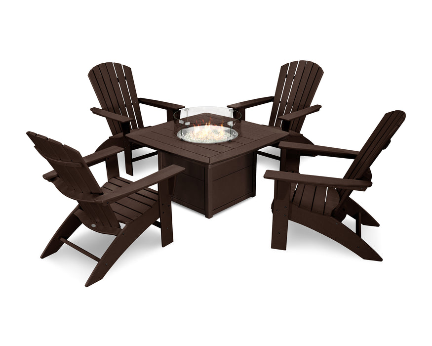 POLYWOOD Nautical Curveback Adirondack 5-Piece Conversation Set with Fire Table in Mahogany image