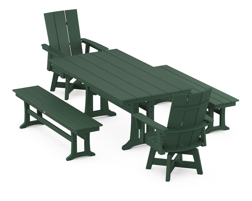 POLYWOOD Modern Curveback Adirondack Swivel Chair 5-Piece Farmhouse Dining Set With Trestle Legs and Benches in Green image