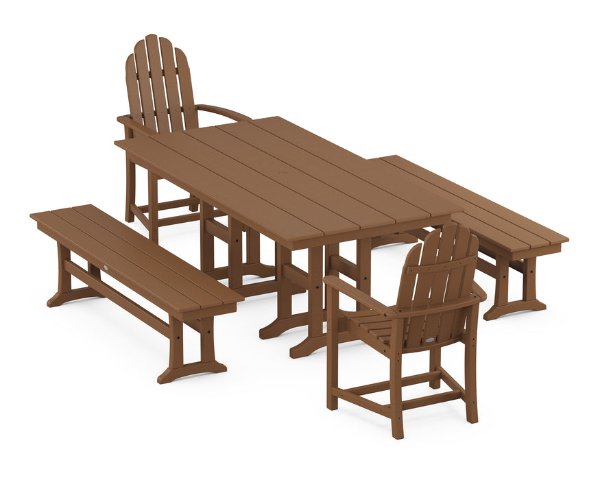 POLYWOOD Classic Adirondack 5-Piece Farmhouse Dining Set with Benches in Teak image