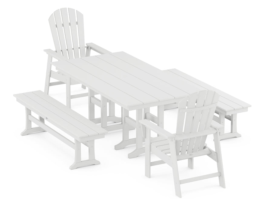 POLYWOOD South Beach 5-Piece Farmhouse Dining Set with Benches in White image