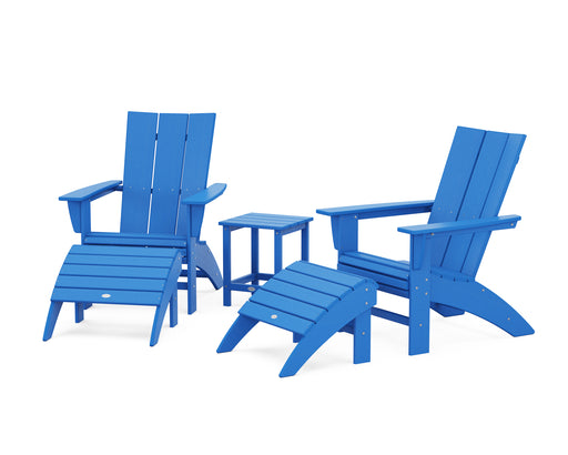 POLYWOOD Modern Curveback Adirondack Chair 5-Piece Set with Ottomans and 18" Side Table in Pacific Blue image