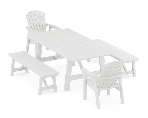 POLYWOOD Seashell 5-Piece Rustic Farmhouse Dining Set With Benches in White image