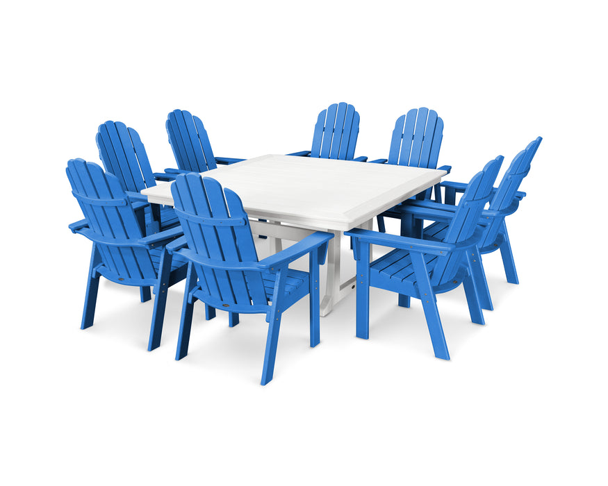 POLYWOOD Vineyard Curveback Adirondack 9-Piece Nautical Trestle Dining Set in Pacific Blue / White