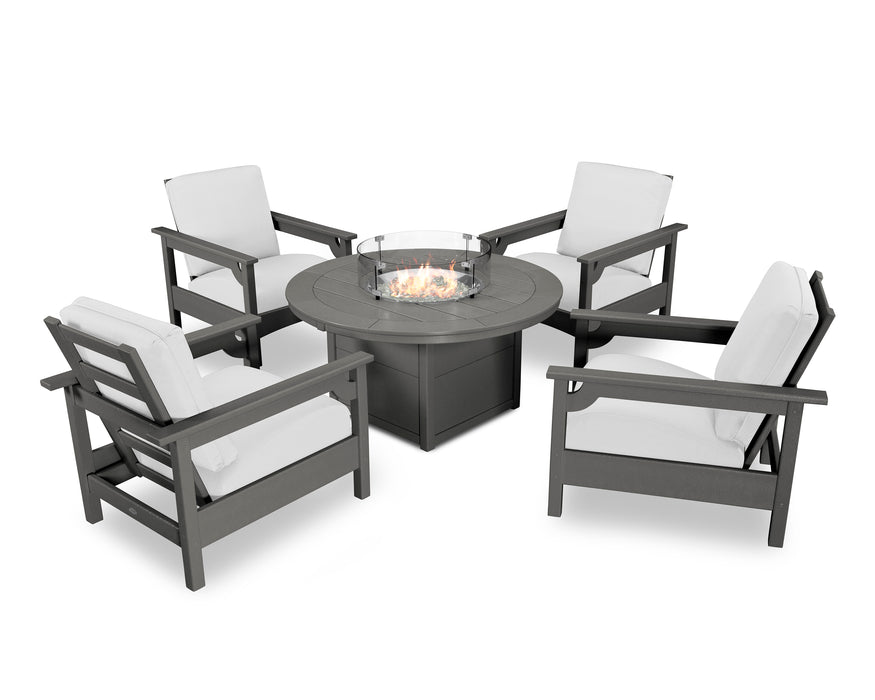 POLYWOOD Club 5-Piece Conversation Set with Fire Pit Table in Slate Grey / Natural