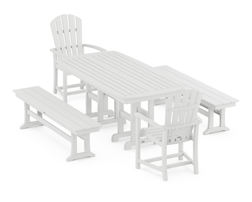 POLYWOOD Palm Coast 5-Piece Dining Set with Benches in White image