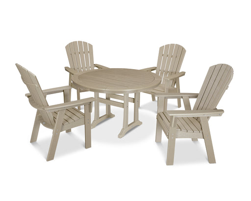 POLYWOOD Nautical Curveback Adirondack 5-Piece Round Dining Set with Trestle Legs in Vintage Sahara image