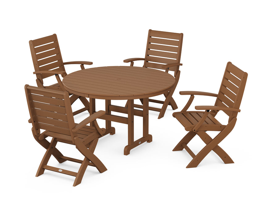 POLYWOOD Signature Folding Chair 5-Piece Round Farmhouse Dining Set in Teak image