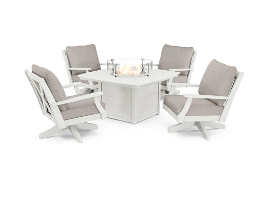 POLYWOOD Braxton 5-Piece Deep Seating Swivel Conversation Set with Fire Pit Table in Vintage White / Weathered Tweed image