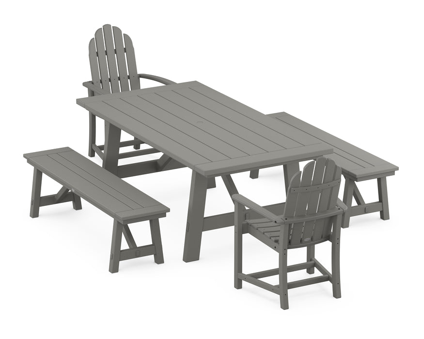 POLYWOOD Classic Adirondack 5-Piece Rustic Farmhouse Dining Set With Benches in Slate Grey image