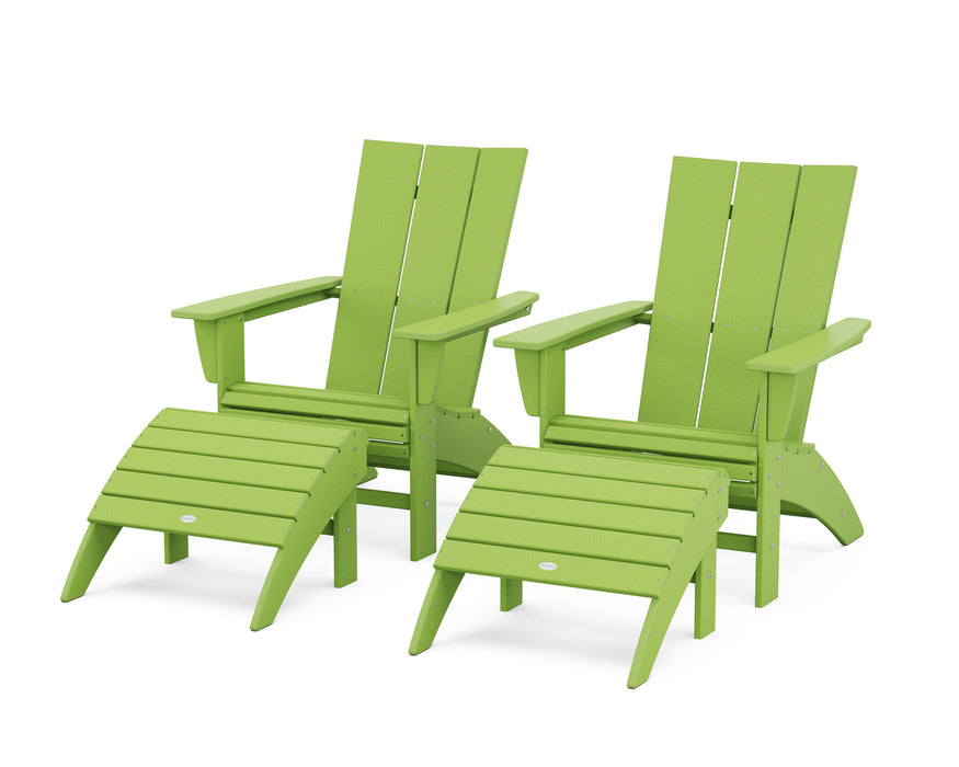 POLYWOOD Modern Curveback Adirondack Chair 4-Piece Set with Ottomans in Lime