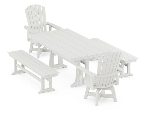 POLYWOOD Nautical Curveback Adirondack Swivel Chair 5-Piece Farmhouse Dining Set With Trestle Legs and Benches in Vintage White image