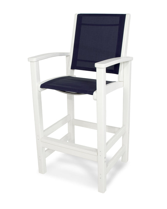 POLYWOOD Coastal Bar Chair in White / Navy Blue Sling image