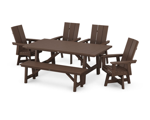 POLYWOOD Modern Curveback Adirondack Swivel Chair 6-Piece Rustic Farmhouse Dining Set with Bench in Mahogany image