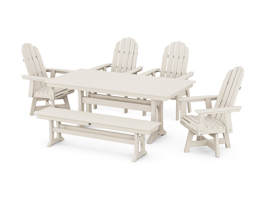 POLYWOOD Vineyard Curveback Adirondack 6-Piece Swivel Chair Farmhouse Dining Set with Trestle Legs and Bench in Sand