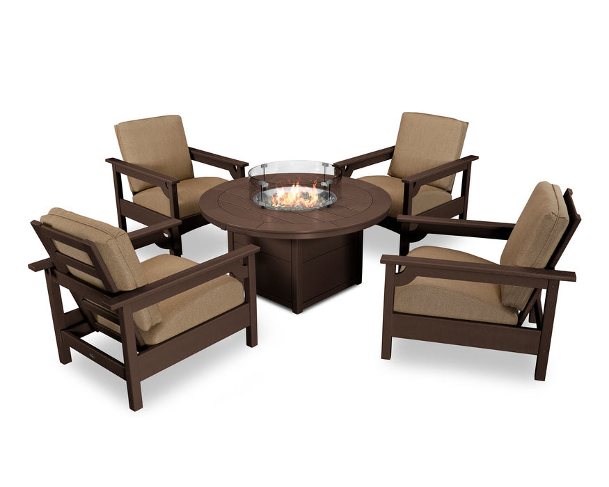 POLYWOOD Club 5-Piece Conversation Set with Fire Pit Table in Mahogany / Sesame