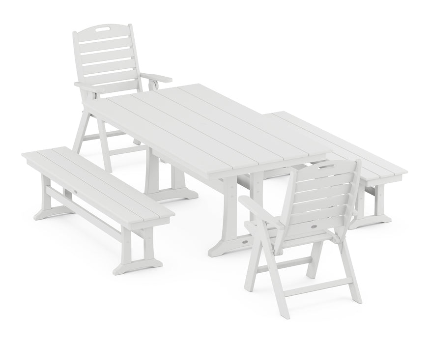 POLYWOOD Nautical Highback Chair 5-Piece Farmhouse Dining Set With Trestle Legs and Benches in White