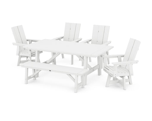 POLYWOOD Modern Curveback Adirondack Swivel Chair 6-Piece Rustic Farmhouse Dining Set with Bench in White image