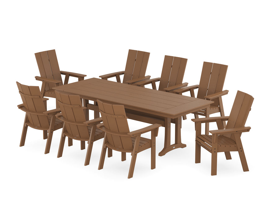 POLYWOOD Modern Curveback Adirondack 9-Piece Farmhouse Dining Set with Trestle Legs in Teak