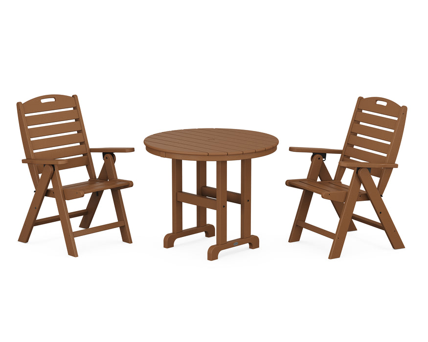 POLYWOOD Nautical Highback Chair 3-Piece Round Dining Set in Teak