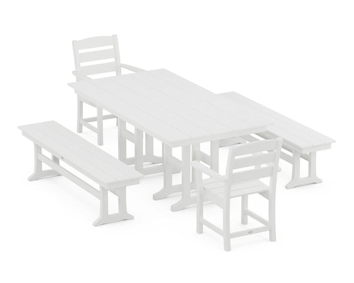 POLYWOOD Lakeside 5-Piece Farmhouse Dining Set with Benches in Vintage White image