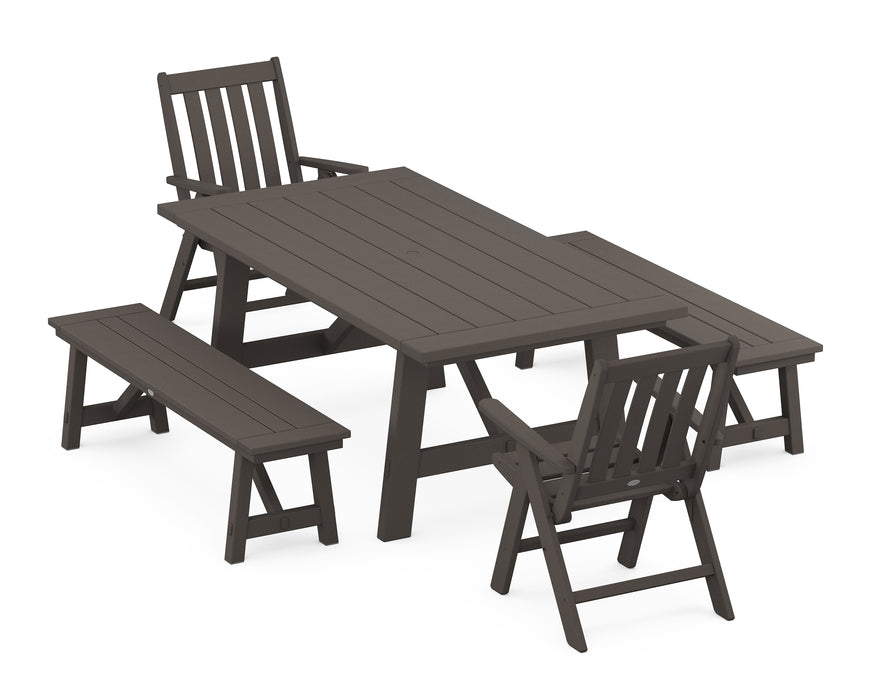 POLYWOOD Vineyard Folding Chair 5-Piece Rustic Farmhouse Dining Set With Benches in Vintage Coffee