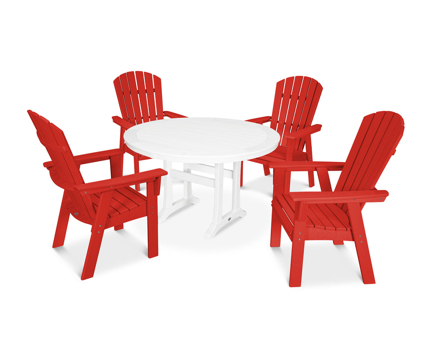 POLYWOOD Nautical Curveback Adirondack 5-Piece Round Dining Set with Trestle Legs in Sunset Red / White image