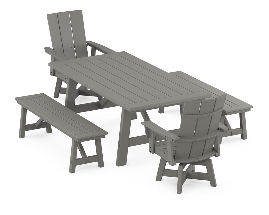 POLYWOOD Modern Curveback Adirondack Swivel Chair 5-Piece Rustic Farmhouse Dining Set With Benches in Slate Grey image