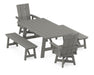 POLYWOOD Modern Curveback Adirondack Swivel Chair 5-Piece Rustic Farmhouse Dining Set With Benches in Slate Grey image