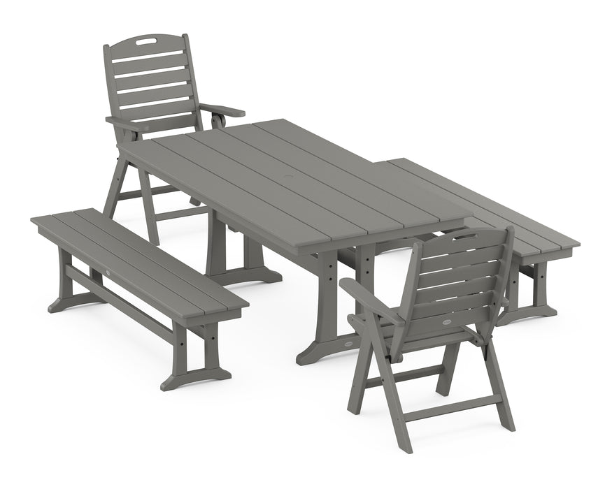 POLYWOOD Nautical Highback Chair 5-Piece Farmhouse Dining Set With Trestle Legs and Benches in Slate Grey