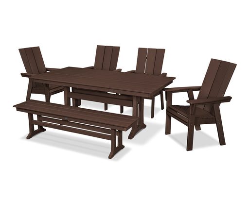 POLYWOOD Modern Curveback Adirondack 6-Piece Farmhouse Dining Set with Trestle Legs and Bench in Mahogany image