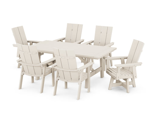 POLYWOOD Modern Curveback Adirondack 7-Piece Rustic Farmhouse Swivel Dining Set in Sand image