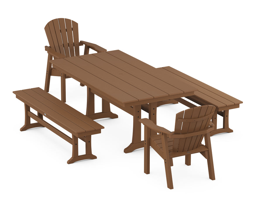 POLYWOOD Seashell 5-Piece Farmhouse Dining Set With Trestle Legs in Teak