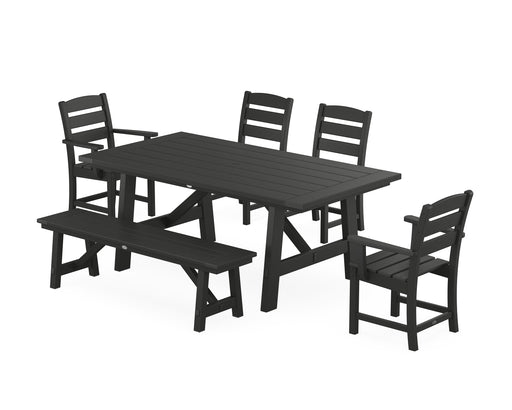 POLYWOOD Lakeside 6-Piece Rustic Farmhouse Dining Set With Bench in Black image