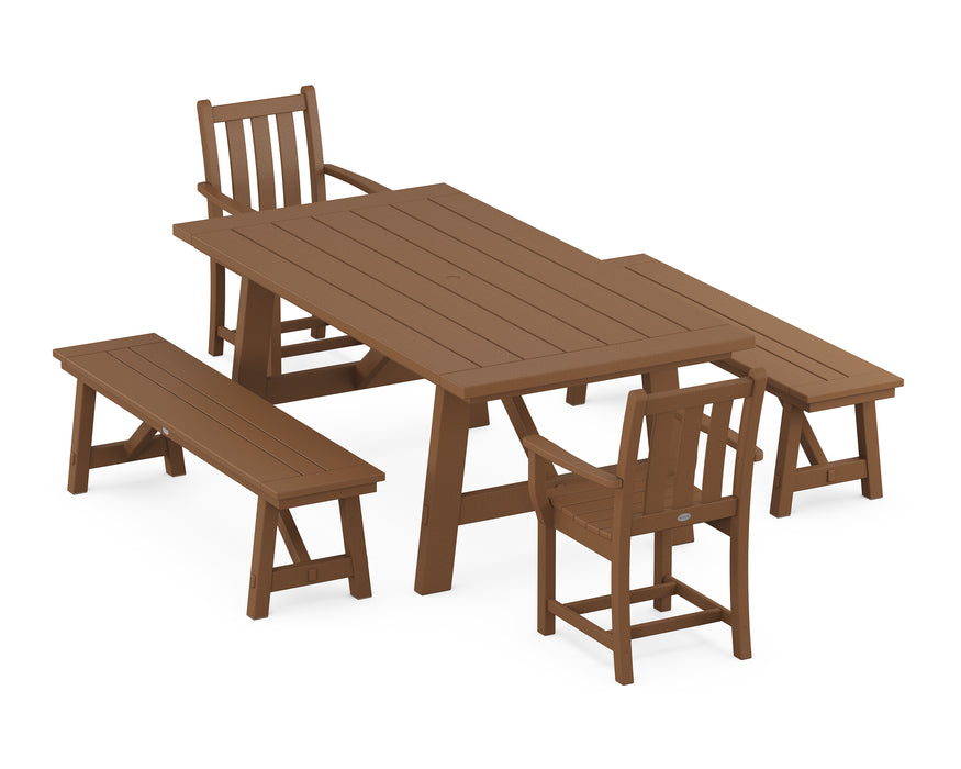 POLYWOOD Traditional Garden 5-Piece Rustic Farmhouse Dining Set With Benches in Teak image