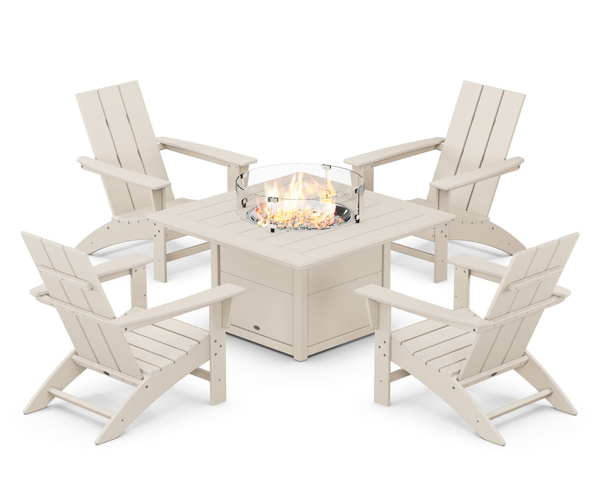 POLYWOOD Modern 5-Piece Adirondack Chair Conversation Set with Fire Pit Table in Sand image