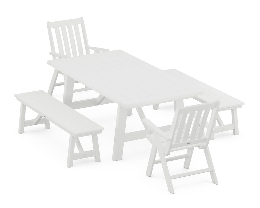 POLYWOOD Vineyard Folding Chair 5-Piece Rustic Farmhouse Dining Set With Benches in White