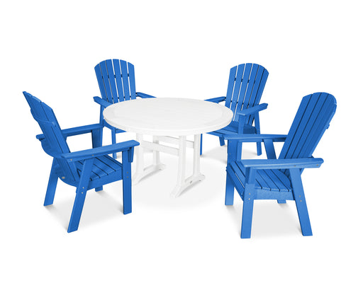 POLYWOOD Nautical Curveback Adirondack 5-Piece Round Dining Set with Trestle Legs in Pacific Blue / White image